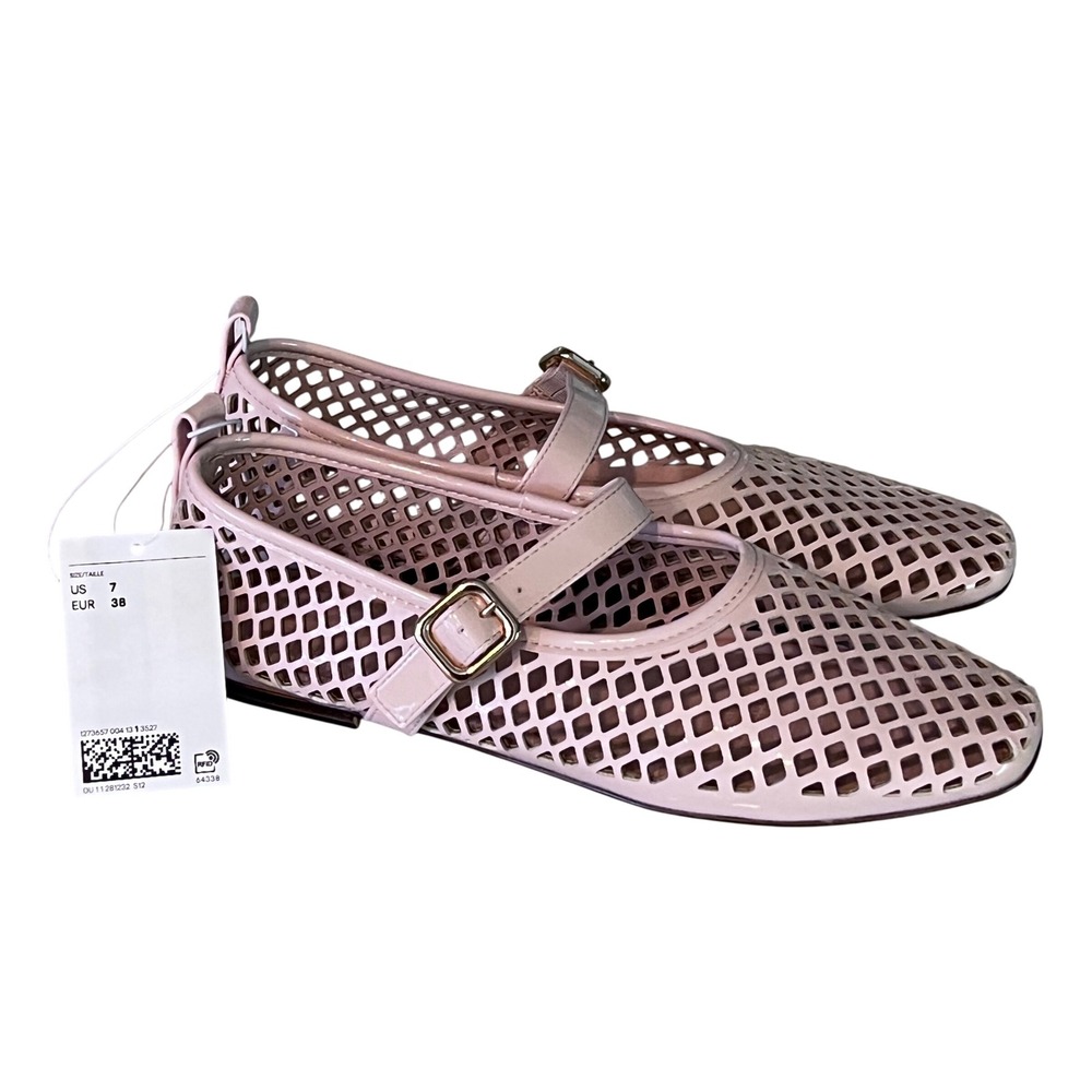 H&M Pink Patent Laser Cut Mary Jane Flats Square Toe Shoes US 7 EUR 38